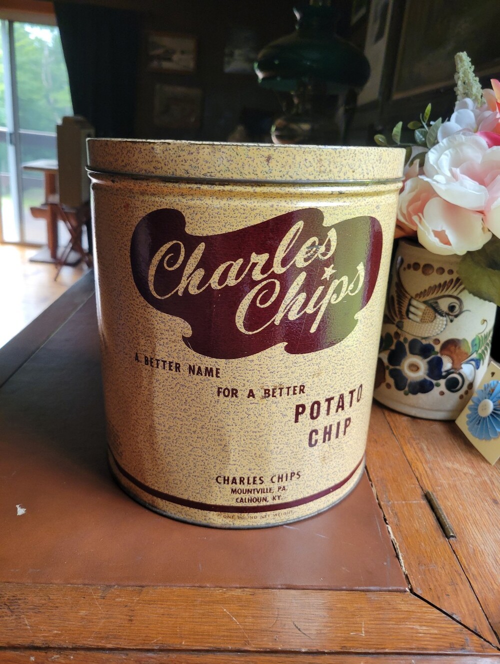 Old Charles Chips Potato Chip Tin Box Container Kitchen Ad Advertising 9-3/8”